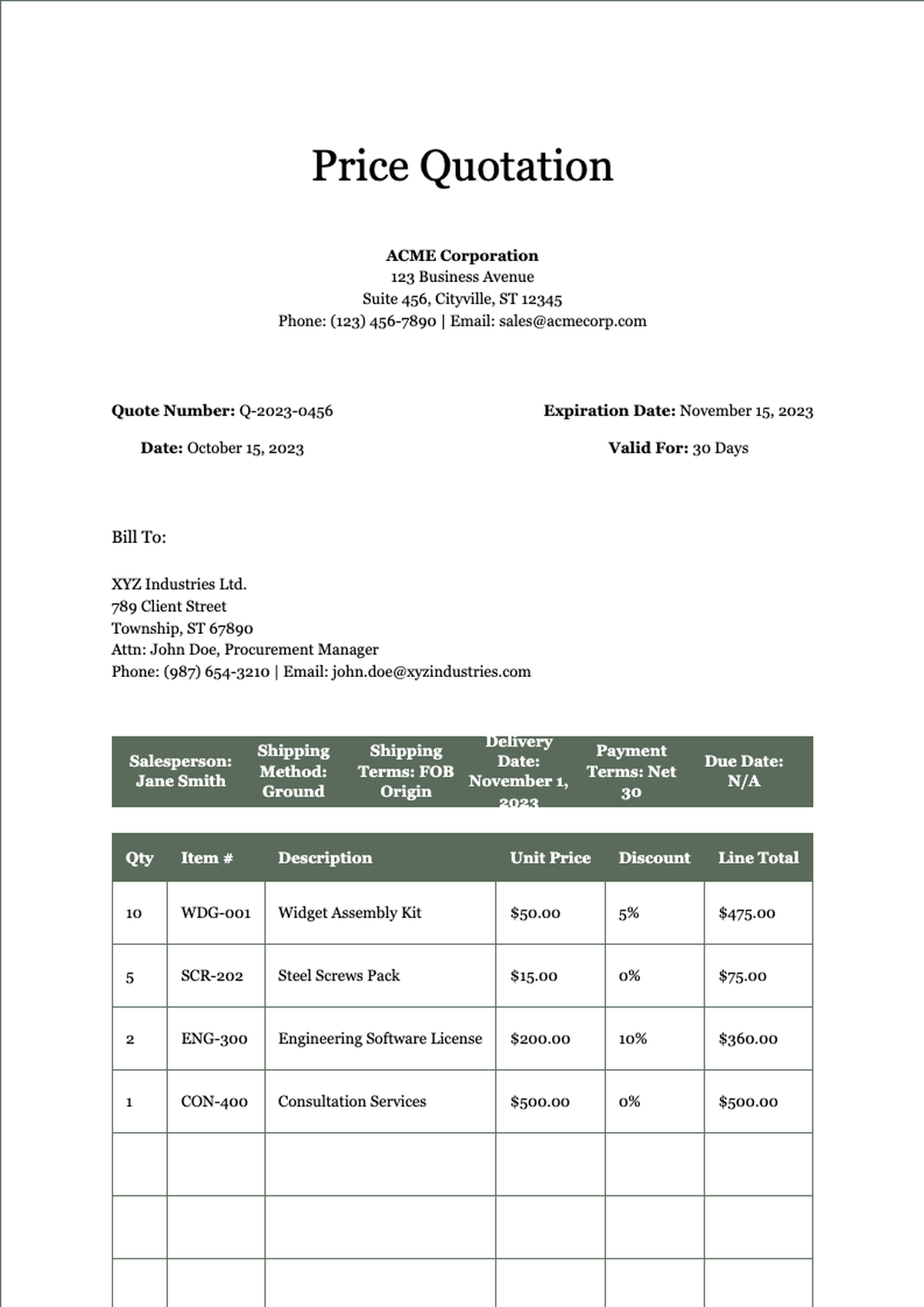 Professional price quote template with itemized table and company branding space_variant_1
